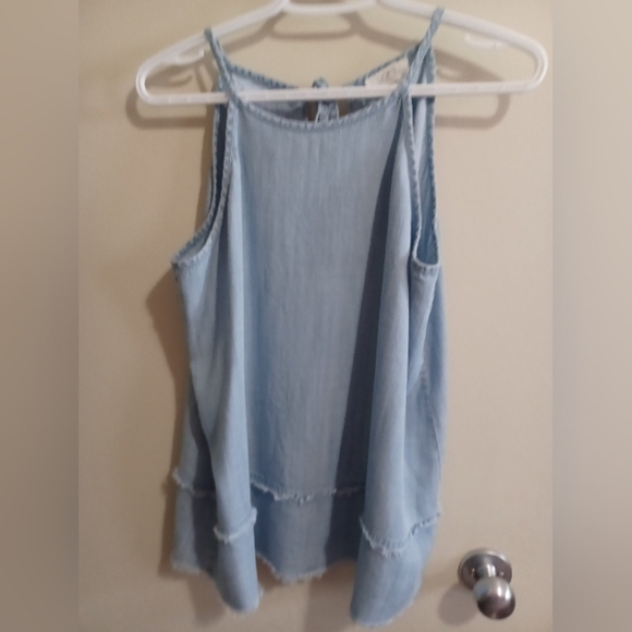 Loft Women's Outlet Tie Neck Denim Style Chambray Tank Top Sz M Lyocell - Picture 1 of 9